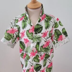 Chemise hawaiienne fleurs roses sur fond blanc